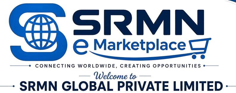 SRMN E Marketplace logo with blue globe icon, shopping cart symbol and SRMN Global Private Limited branding for online shopping marketplace in India