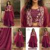 Women maroon embroidered Roman silk ethnic gown set with dupatta for festive wear