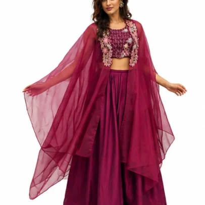 Women's Maroon Embroidered Crop Top Lehenga Set with Cape Style Dupatta