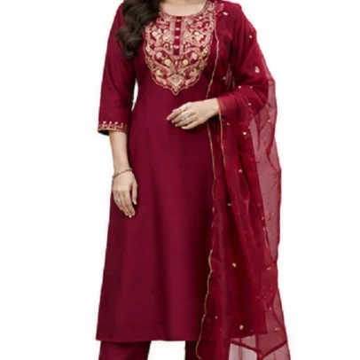 Maroon Roman Silk Ethnic Wear Kurta Set with Dupatta for Women