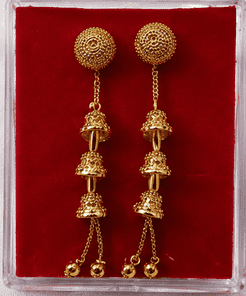DMG Ornaments gold plated long dangler earrings with traditional bell design for women.