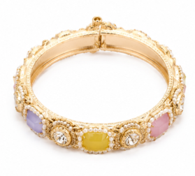 Gold plated multicolor stone kada bracelet with pearl detailing for women