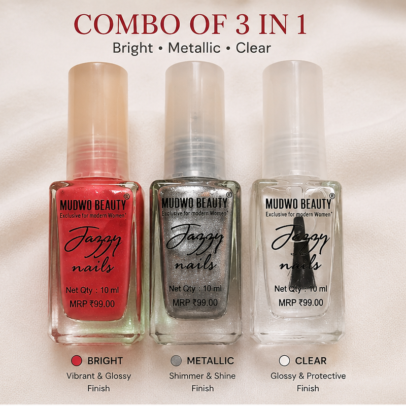 Mudwo Beauty Jazzy Nails Combo Pack of 3 nail polish set with bright, metallic, and clear shades