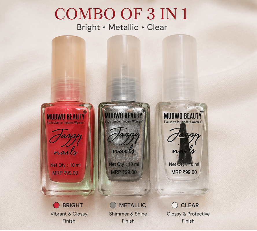 Mudwo Beauty Jazzy Nails Combo Pack of 3 nail polish set with bright, metallic, and clear shades
