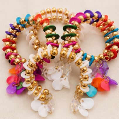 Multicolor beaded charm bracelets set of 4 with colorful beads and decorative hanging charms