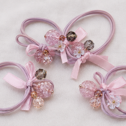 Pink pearl bow elastic hair rubber bands for girls with decorative beads and ribbon design