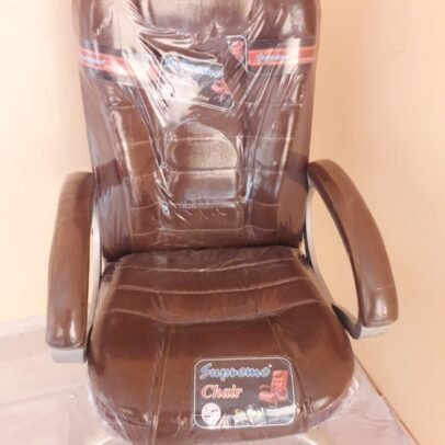 Black/Red revolving office chair with cushioned backrest and metal wheel base