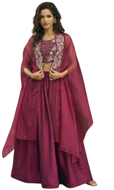 Women maroon embroidered Roman silk ethnic gown set with dupatta for festive wear
