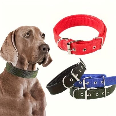 Adjustable nylon dog collar for pets in red, blue, green and black colors with metal buckle and secure fastening.