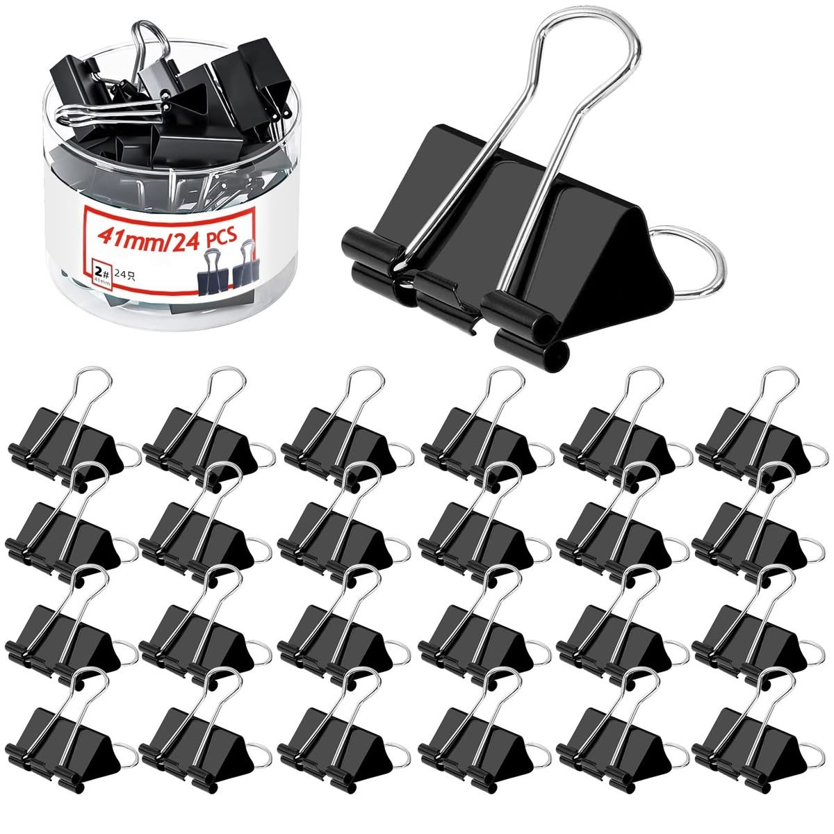 Black Binder Clips 41mm Pack of 24 Strong Metal Paper Clips for Document Filing and Office Organization