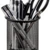 Black metal mesh pen stand holder with pens pencils and scissors for office desk
