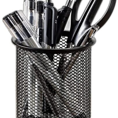 Black metal mesh pen stand holder with pens pencils and scissors for office desk