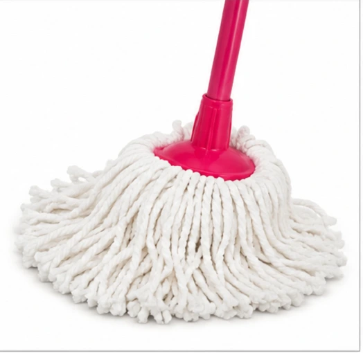 Microfiber cotton floor mop with long pink handle and absorbent white mop head for home cleaning.