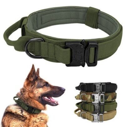 Military style tactical dog collar with adjustable padded nylon strap and metal quick-release buckle for dogs.