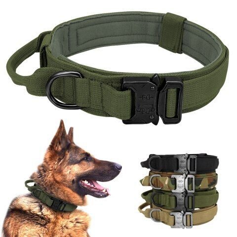 Military style tactical dog collar with adjustable padded nylon strap and metal quick-release buckle for dogs.
