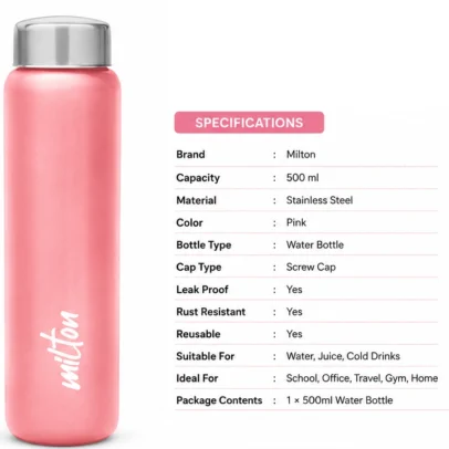Milton pink stainless steel water bottle 500ml with leak proof silver cap