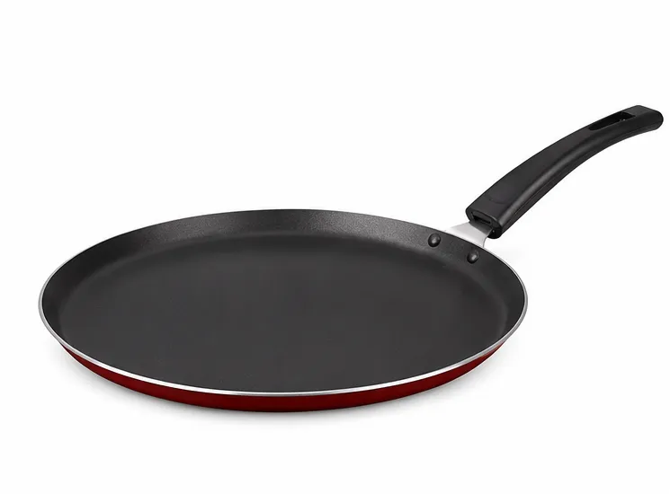 Non-stick dosa tawa with red exterior and black handle
