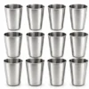 Pack of 12 stainless steel drinking glasses with brushed finish for serving water, juice, milk and beverages.
