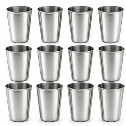 Pack of 12 stainless steel drinking glasses with brushed finish for serving water, juice, milk and beverages.