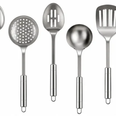 Buy Stainless Steel Kitchen Utensil Set Pack of 5. Durable food-grade cooking tools including ladle, skimmer, serving spoon and spatula for daily kitchen use.