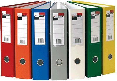 Pack of 6 colorful lever arch file folders for organizing office, school and business documents.