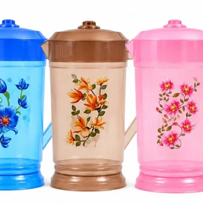 Plastic water jug 2 litre with lid handle and floral design for home kitchen and refrigerator use.