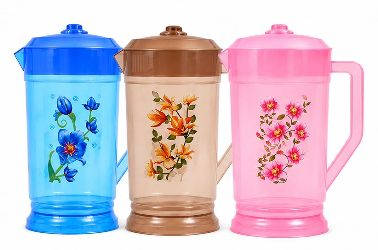 Plastic water jug 2 litre with lid handle and floral design for home kitchen and refrigerator use.