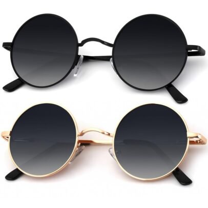 Retro round sunglasses with black and gold metal frames featuring gradient lenses for stylish casual wear, travel, and outdoor fashion