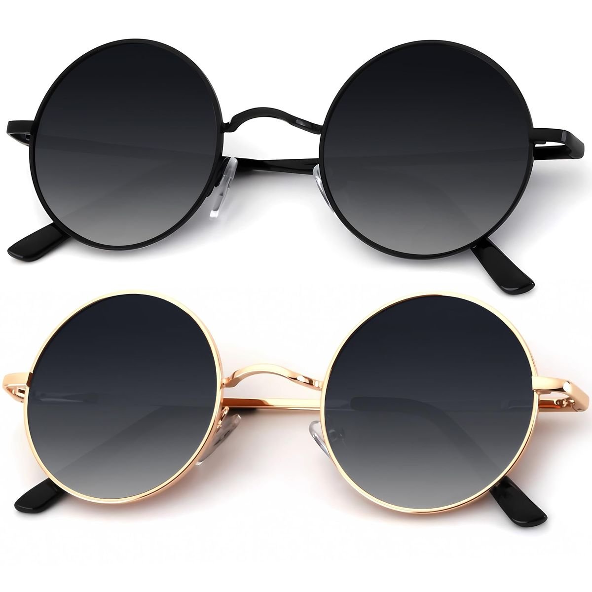 Retro round sunglasses with black and gold metal frames featuring gradient lenses for stylish casual wear, travel, and outdoor fashion