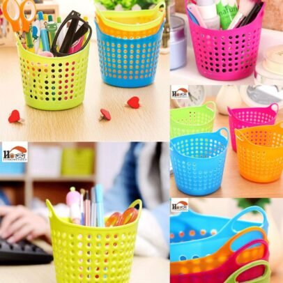 Round multicolor plastic utility basket with side handles