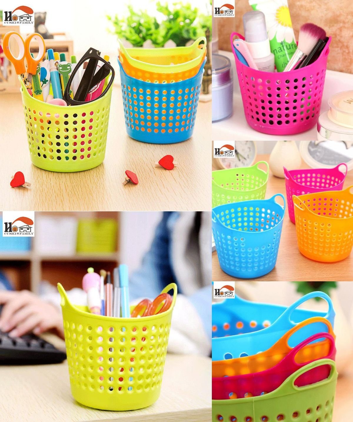 Round multicolor plastic utility basket with side handles