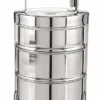 Stainless steel 3 tier tiffin lunch box with handle and secure locking system for carrying meals.