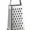 Stainless steel 4 side vegetable grater with handle for grating cheese vegetables fruits and kitchen food preparation.