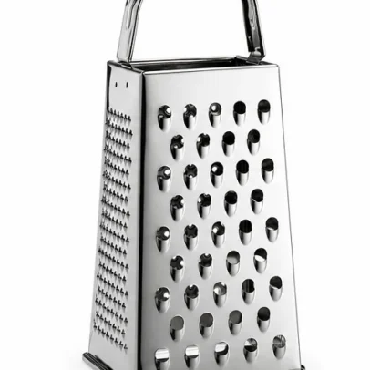 Stainless steel 4 side vegetable grater with handle for grating cheese vegetables fruits and kitchen food preparation.