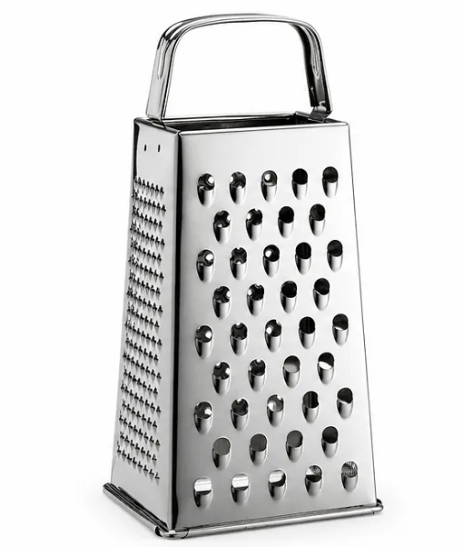 Stainless steel 4 side vegetable grater with handle for grating cheese vegetables fruits and kitchen food preparation.