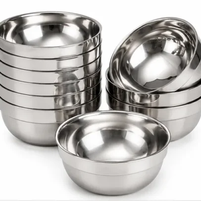 Pack of 9 stainless steel serving bowls with mirror finish for kitchen dining and food serving.