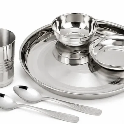 Stainless Steel Dinner Set 5 Pieces | Premium Thali Set with Plate, Bowls, Glass & Spoons for Home Dining