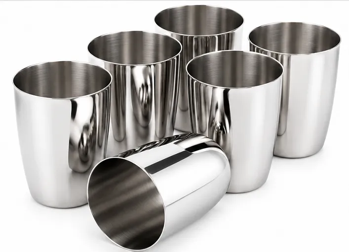 Pack of 6 stainless steel drinking glasses with polished mirror finish for home kitchen and dining use.