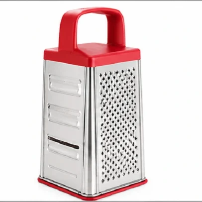 Stainless steel 4 side vegetable grater and slicer with red handle for grating cheese vegetables fruits and kitchen use.