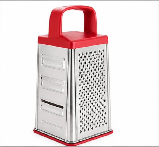 Stainless steel 4 side vegetable grater and slicer with red handle for grating cheese vegetables fruits and kitchen use.