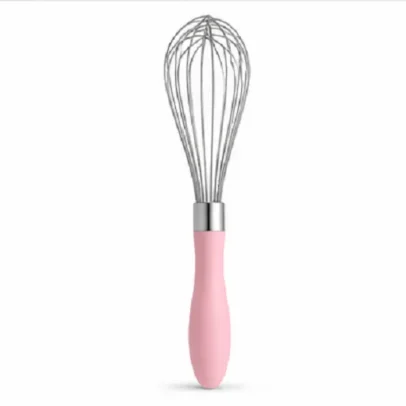 Stainless steel balloon whisk with pink ergonomic handle for egg beating baking and kitchen mixing.