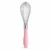Stainless steel balloon whisk with pink ergonomic handle for egg beating baking and kitchen mixing.