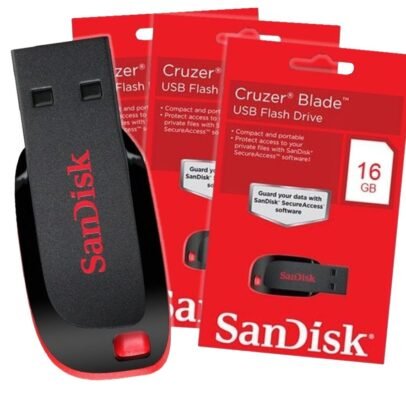 SanDisk Cruzer Blade 16GB USB flash drive with compact portable design and retail packaging for storing documents, photos, videos and digital files