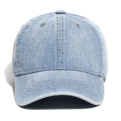 Vintage washed denim baseball cap with distressed curved brim and adjustable fit for casual fashion, travel, sports and outdoor activities