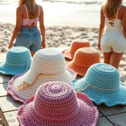 Women's colorful wide brim crochet straw sun hats for beach vacations, summer travel, outdoor activities and sun protection