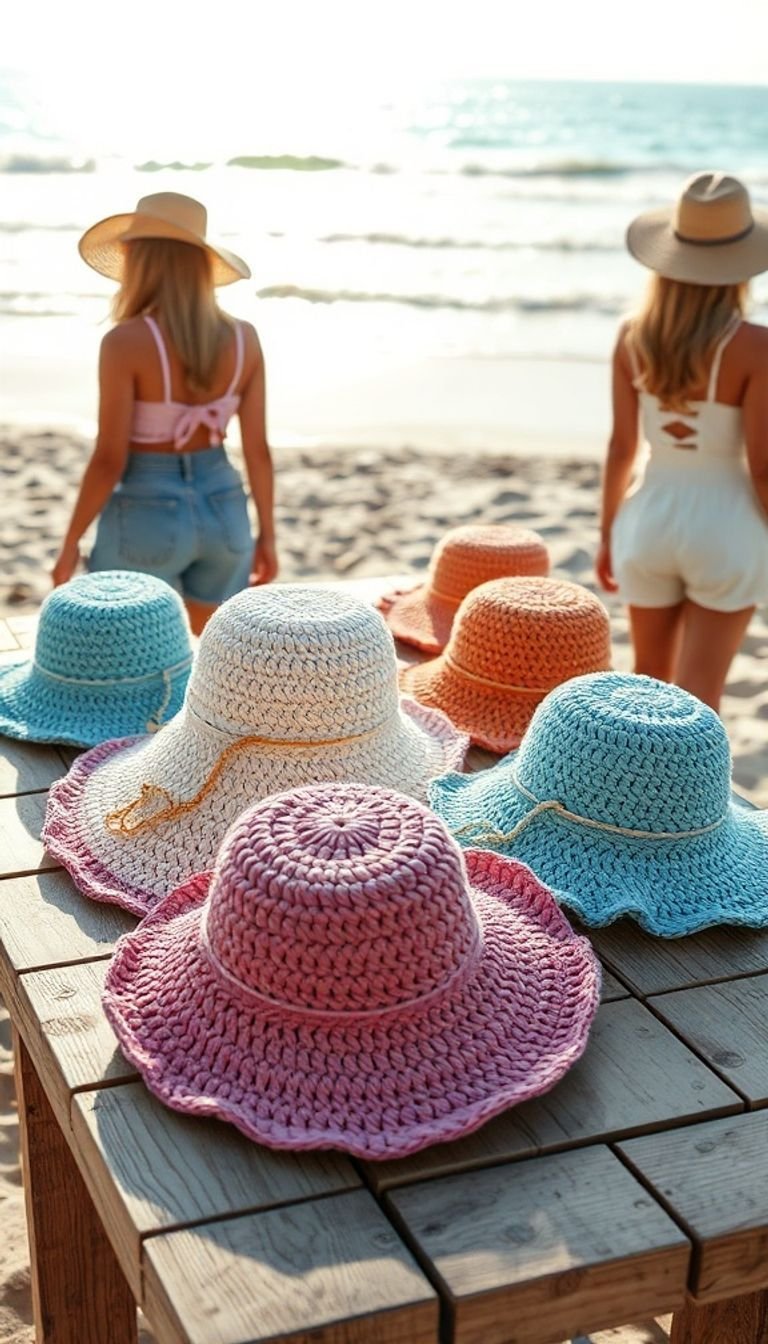 Women's colorful wide brim crochet straw sun hats for beach vacations, summer travel, outdoor activities and sun protection